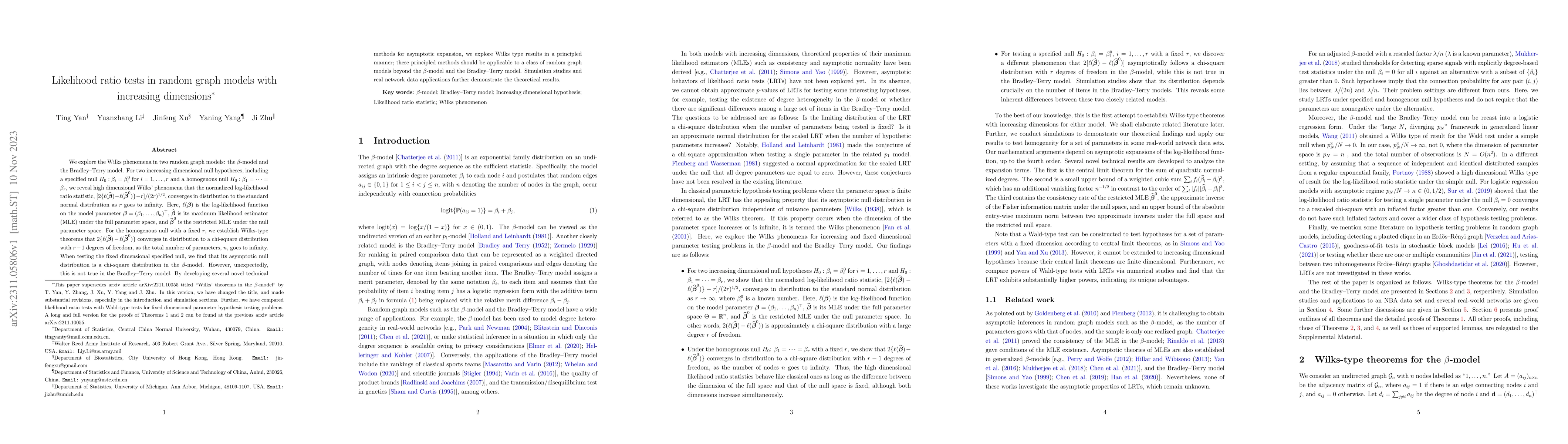 Thumbnail for Likelihood ratio tests in random graph models with increasing dimensions
