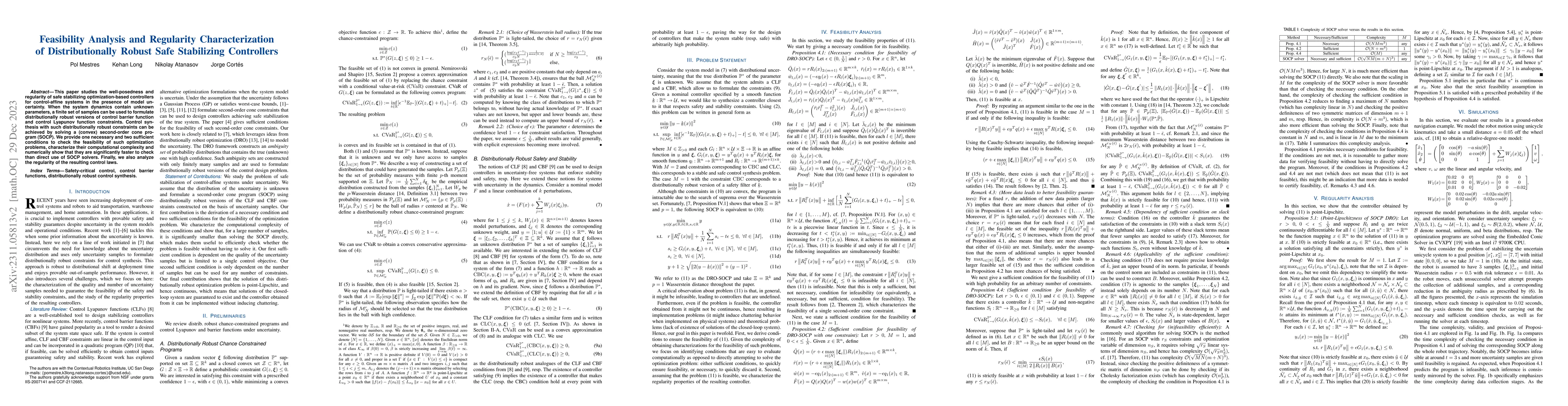 Thumbnail for Feasibility Analysis and Regularity Characterization of Distributionally
  Robust Safe Stabilizing Controllers