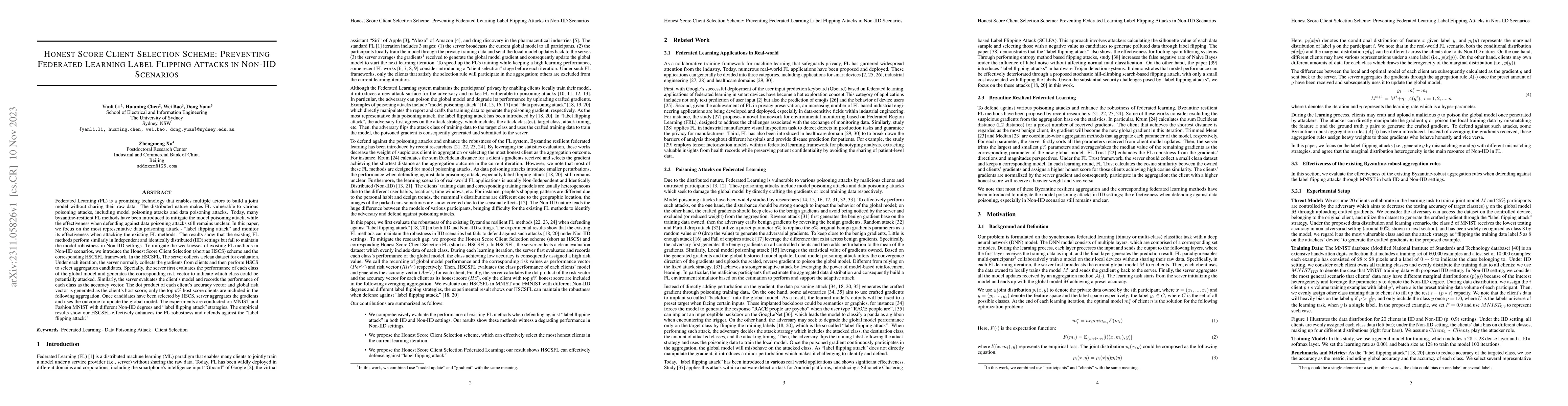 Thumbnail for Honest Score Client Selection Scheme: Preventing Federated Learning
  Label Flipping Attacks in Non-IID Scenarios