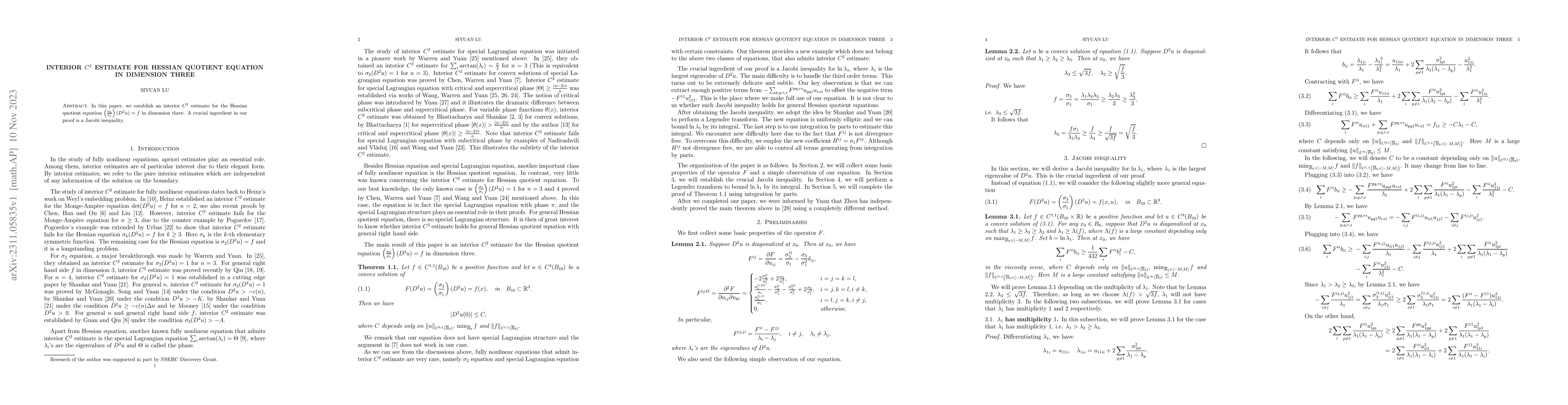Thumbnail for Interior $C^2$ estimate for Hessian quotient equation in dimension three