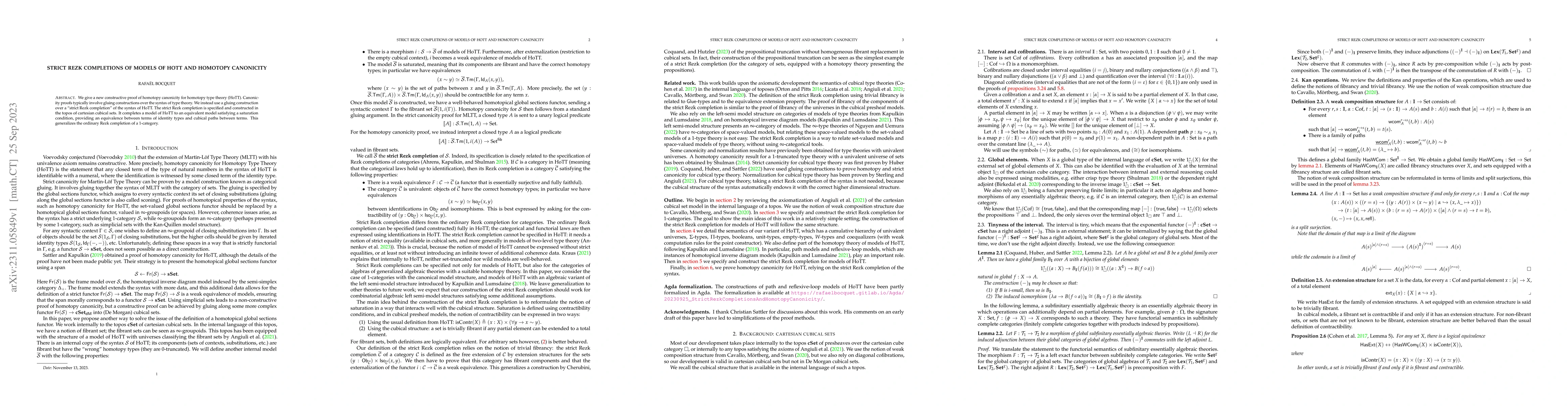 Thumbnail for Strict Rezk completions of models of HoTT and homotopy canonicity