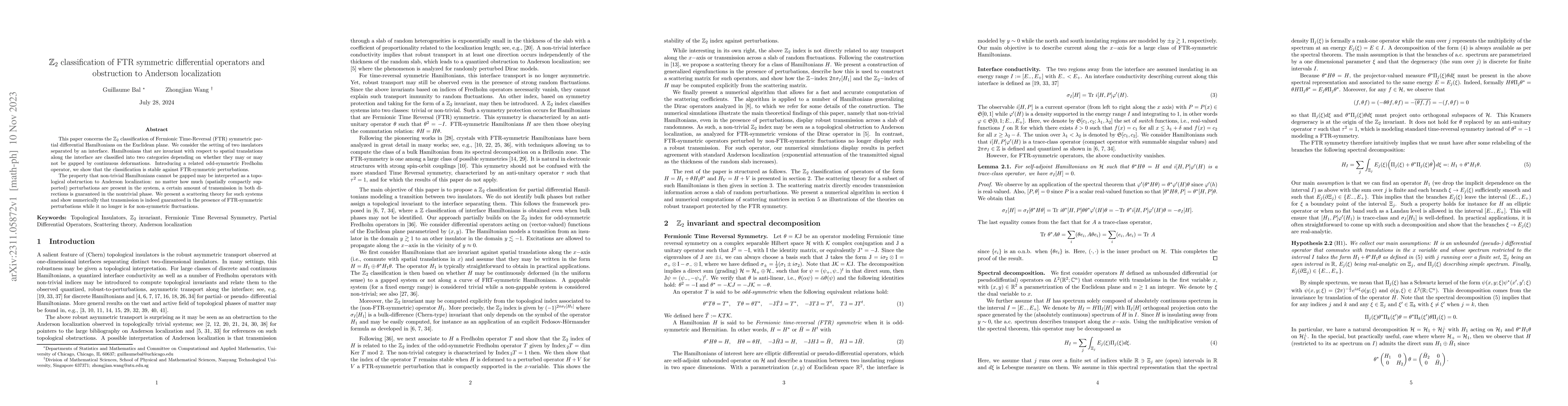 Thumbnail for $\mathbb{Z}_2$ classification of FTR symmetric differential operators
  and obstruction to Anderson localization
