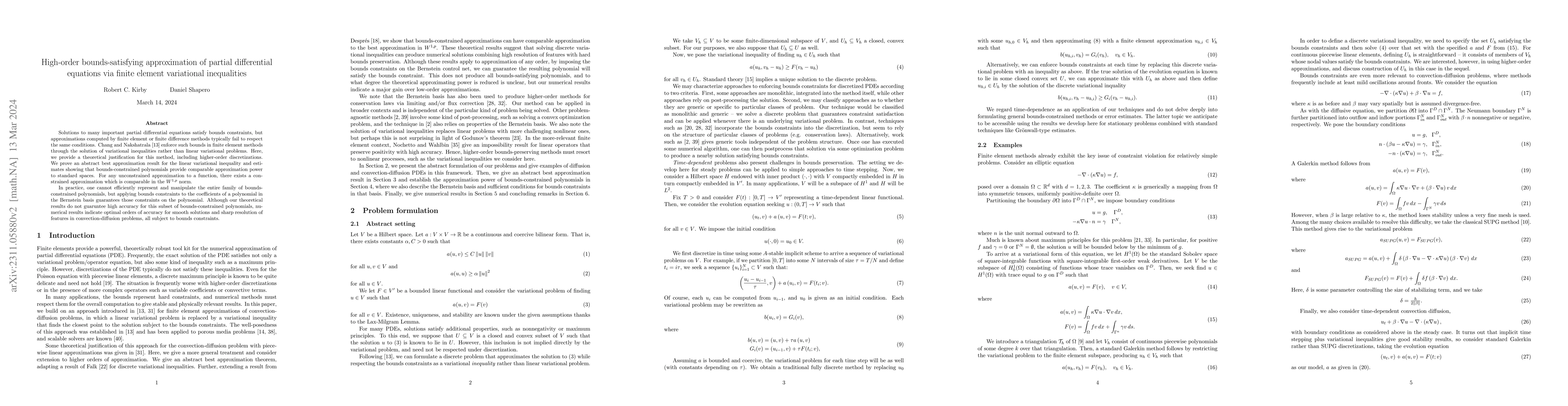 Thumbnail for High-order bounds-satisfying approximation of partial differential
  equations via finite element variational inequalities