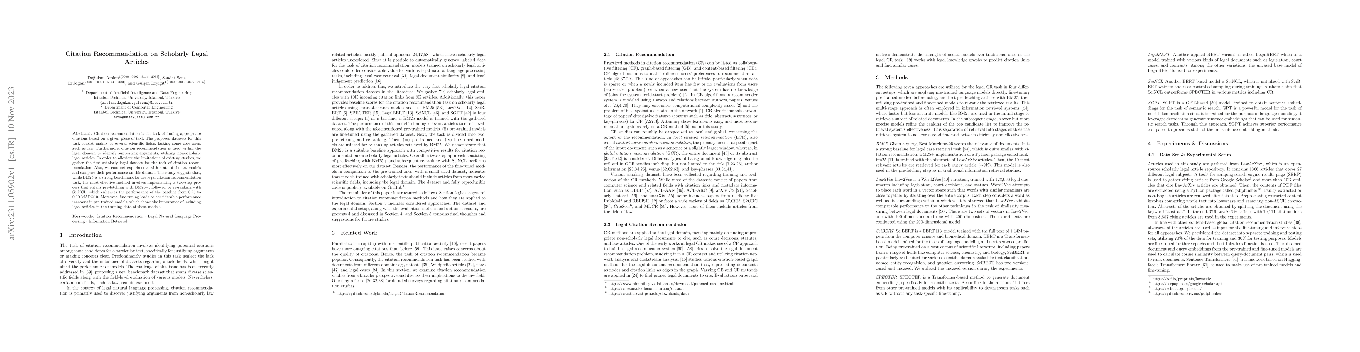 Thumbnail for Citation Recommendation on Scholarly Legal Articles