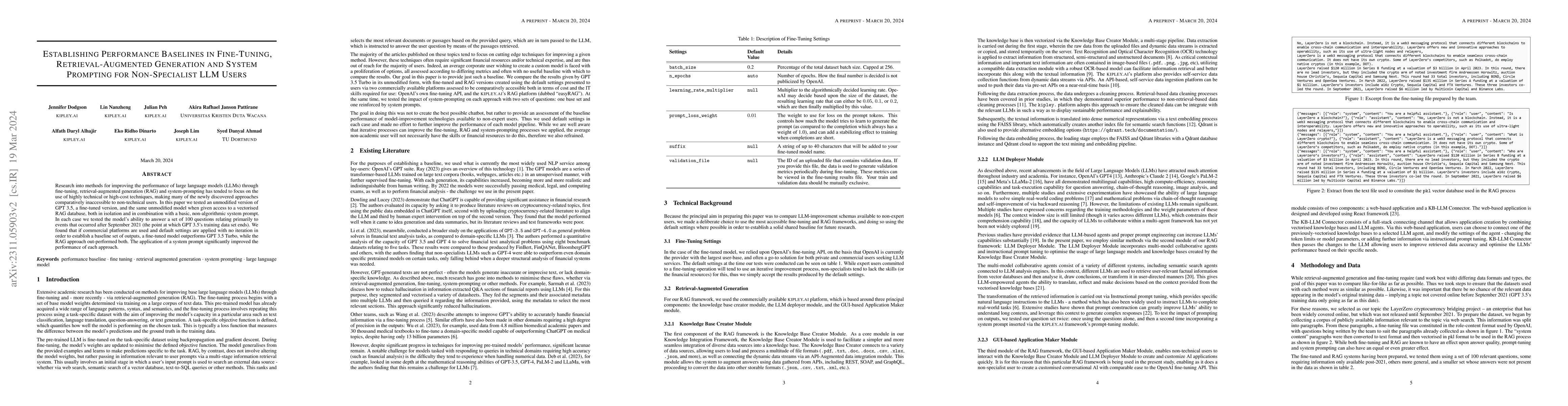 Thumbnail for Establishing Performance Baselines in Fine-Tuning, Retrieval-Augmented
  Generation and Soft-Prompting for Non-Specialist LLM Users