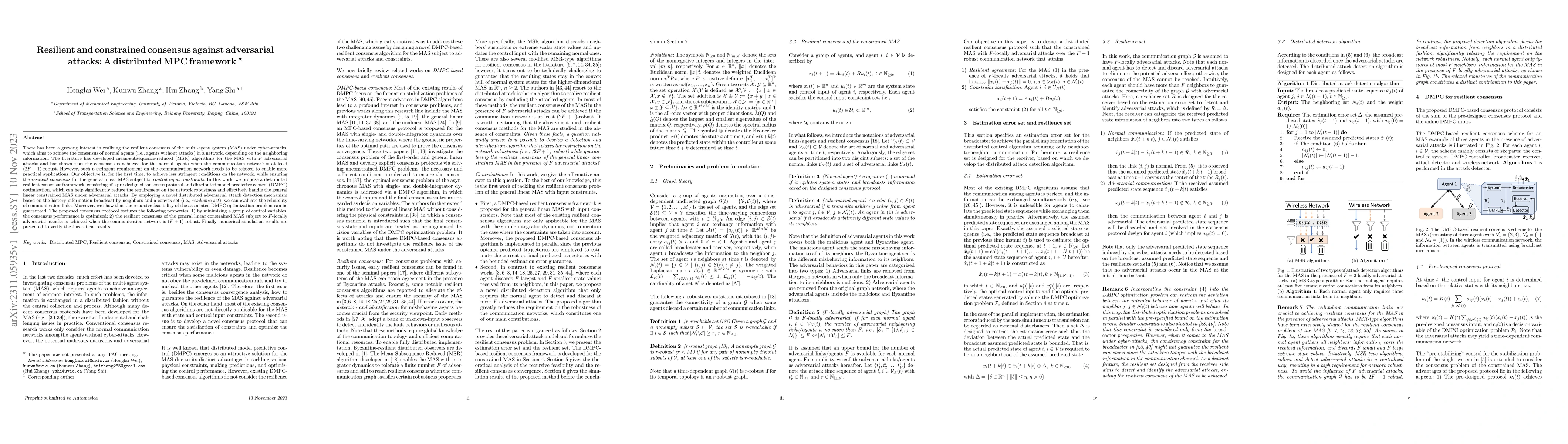 Thumbnail for Resilient and constrained consensus against adversarial attacks: A
  distributed MPC framework