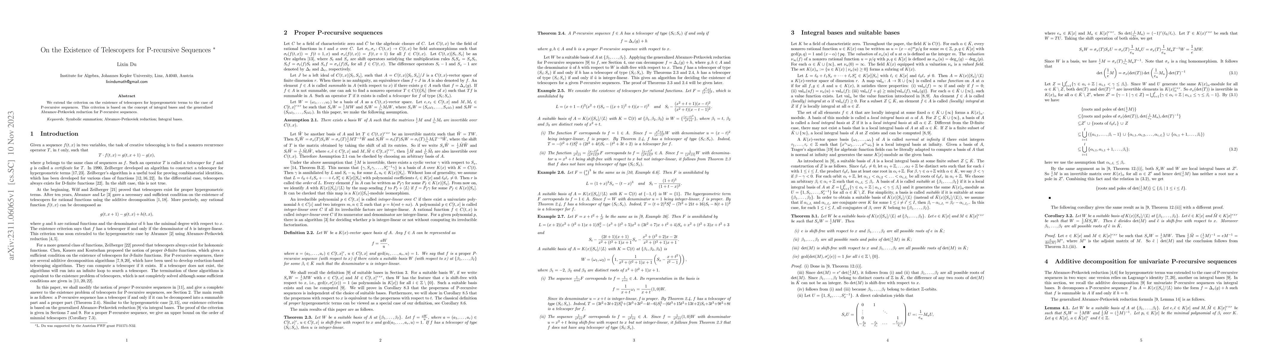 Thumbnail for On the Existence of Telescopers for P-recursive Sequences