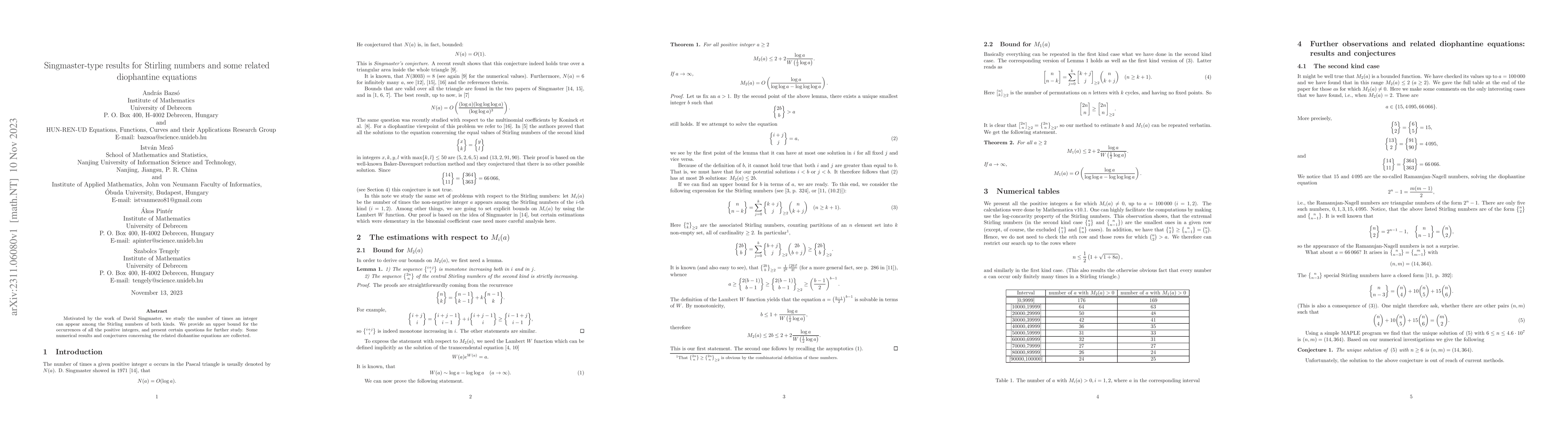 Thumbnail for Singmaster-type results for Stirling numbers and some related
  diophantine equations