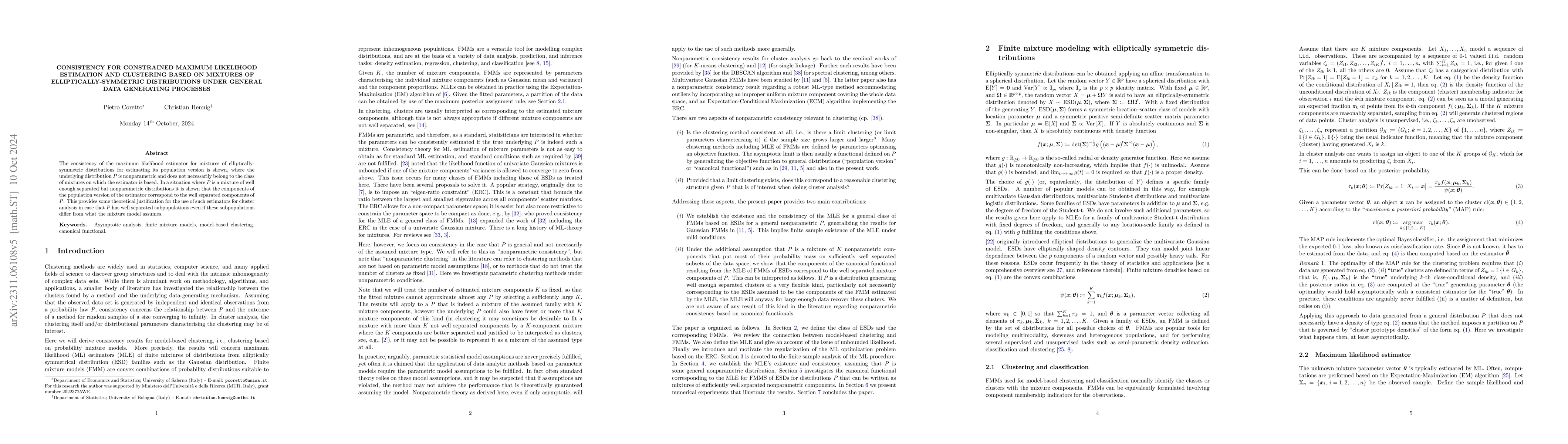 Thumbnail for Nonparametric consistency for maximum likelihood estimation and
  clustering based on mixtures of elliptically-symmetric distributions
