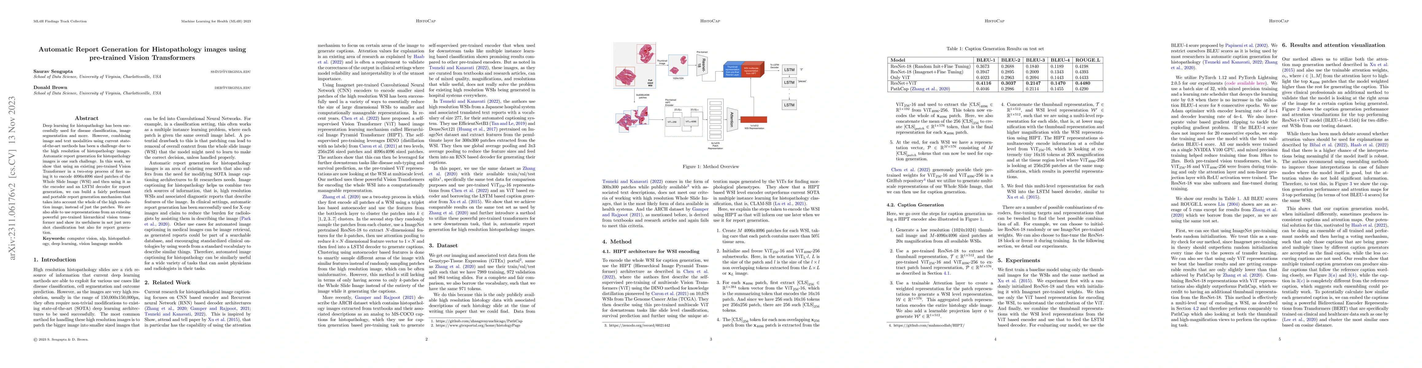 Thumbnail for Automatic Report Generation for Histopathology images using pre-trained
  Vision Transformers