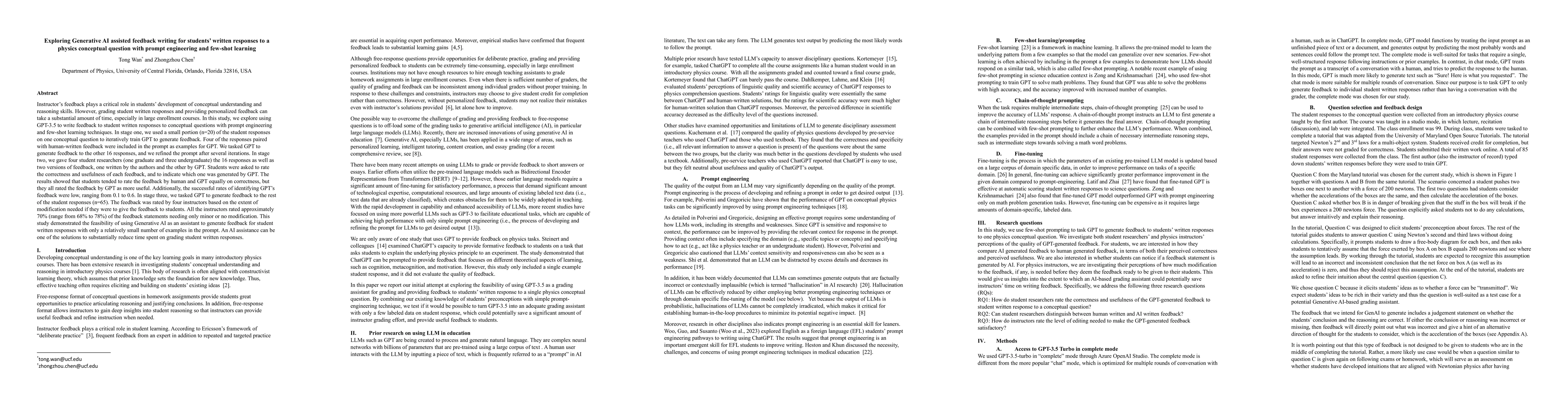 Thumbnail for Exploring Generative AI assisted feedback writing for students' written
  responses to a physics conceptual question with prompt engineering and
  few-shot learning