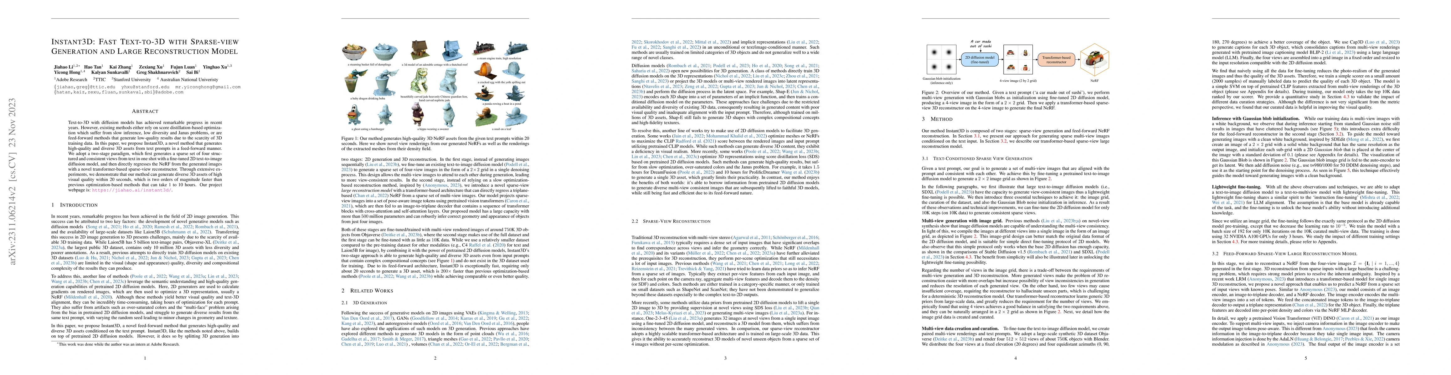 Thumbnail for Instant3D: Fast Text-to-3D with Sparse-View Generation and Large
  Reconstruction Model