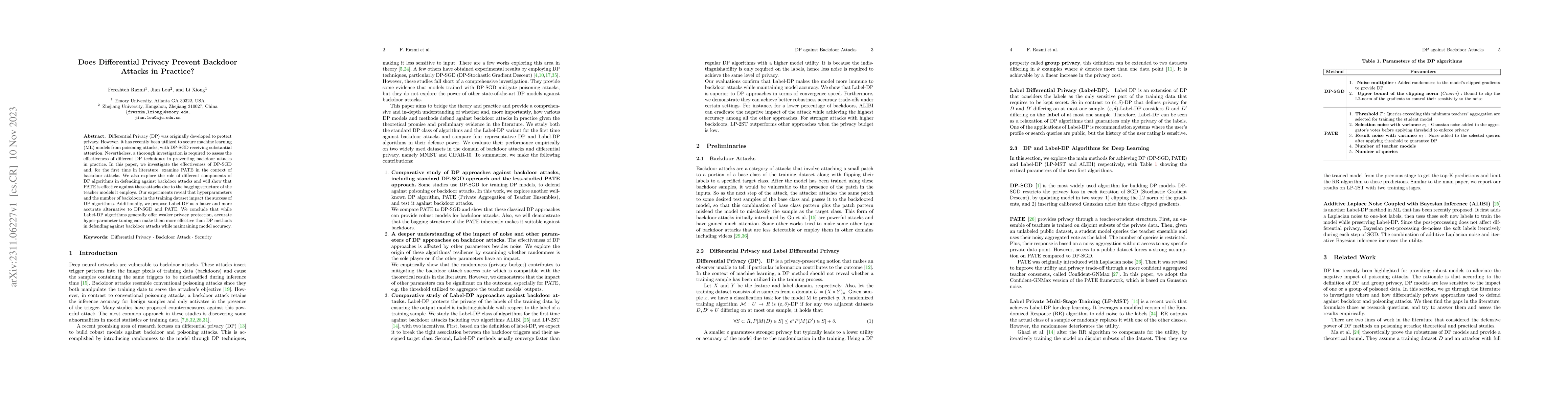 Thumbnail for Does Differential Privacy Prevent Backdoor Attacks in Practice?
