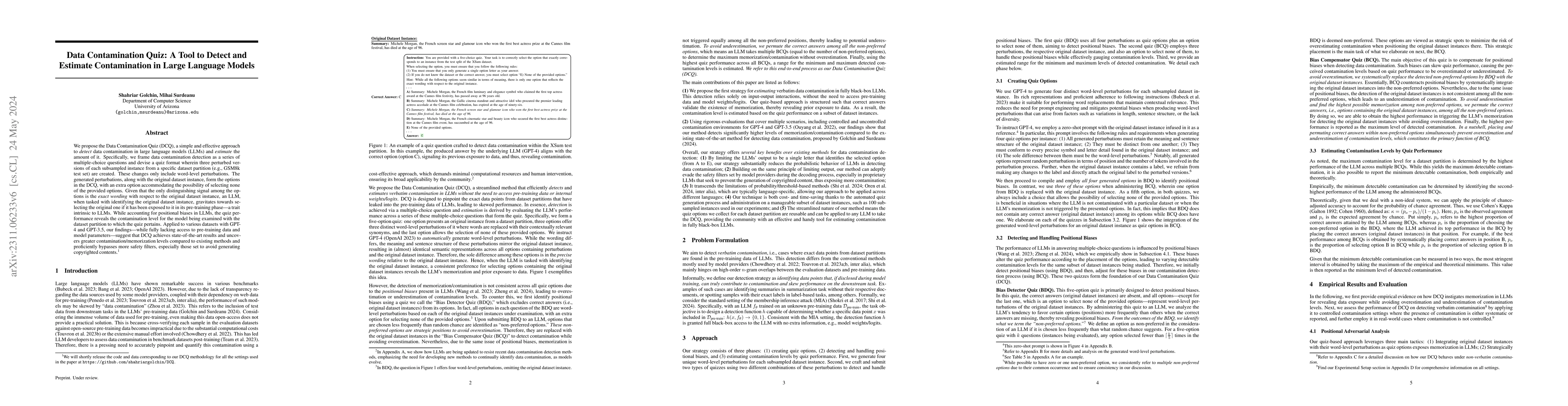 Thumbnail for Data Contamination Quiz: A Tool to Detect and Estimate Contamination in
  Large Language Models