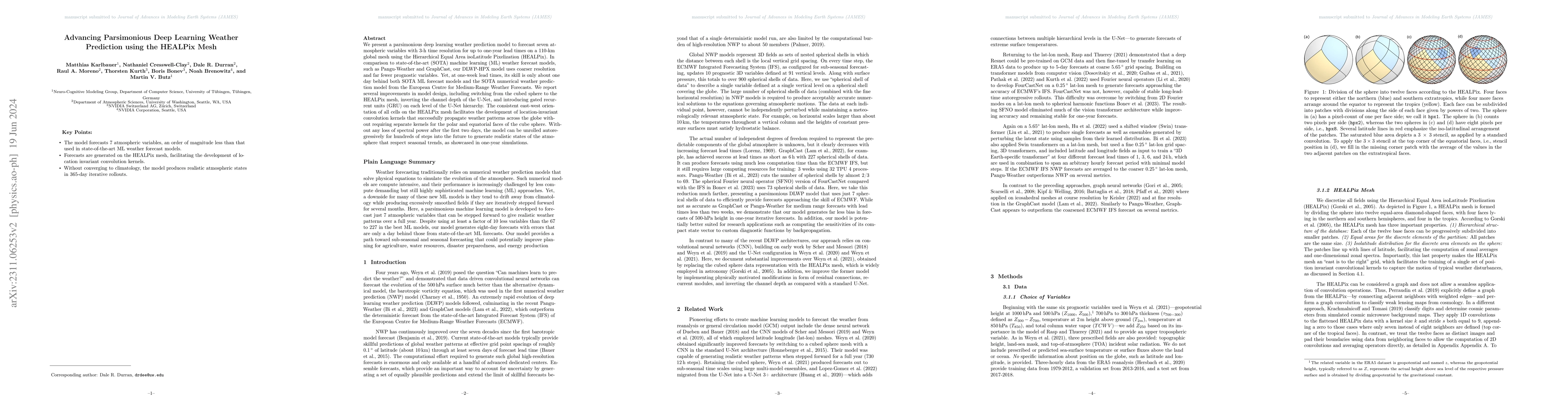 Thumbnail for Advancing Parsimonious Deep Learning Weather Prediction using the
  HEALPix Mesh