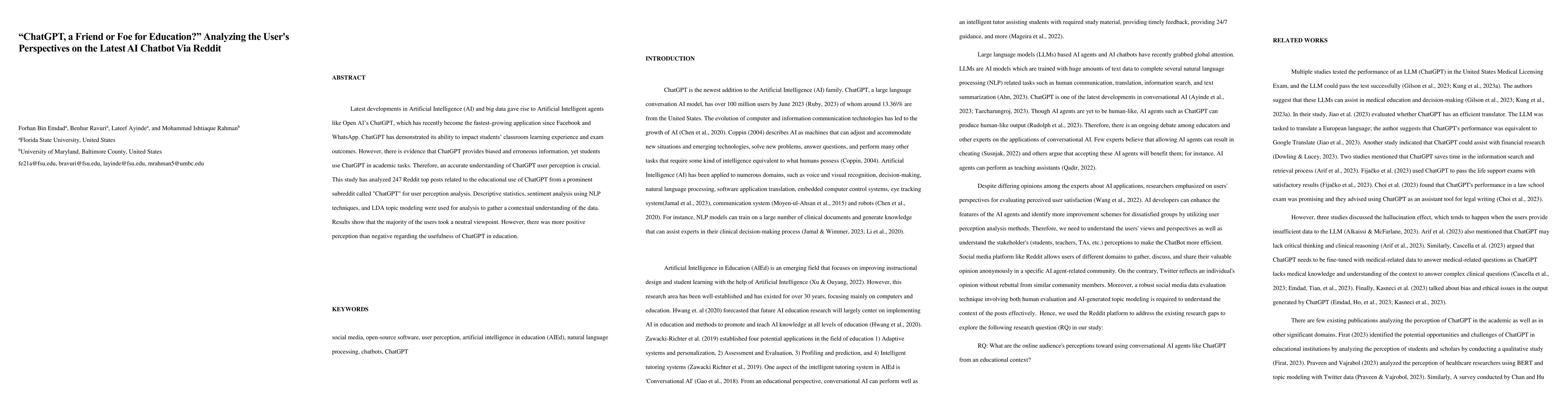 Thumbnail for "ChatGPT, a Friend or Foe for Education?" Analyzing the User's
  Perspectives on the Latest AI Chatbot Via Reddit