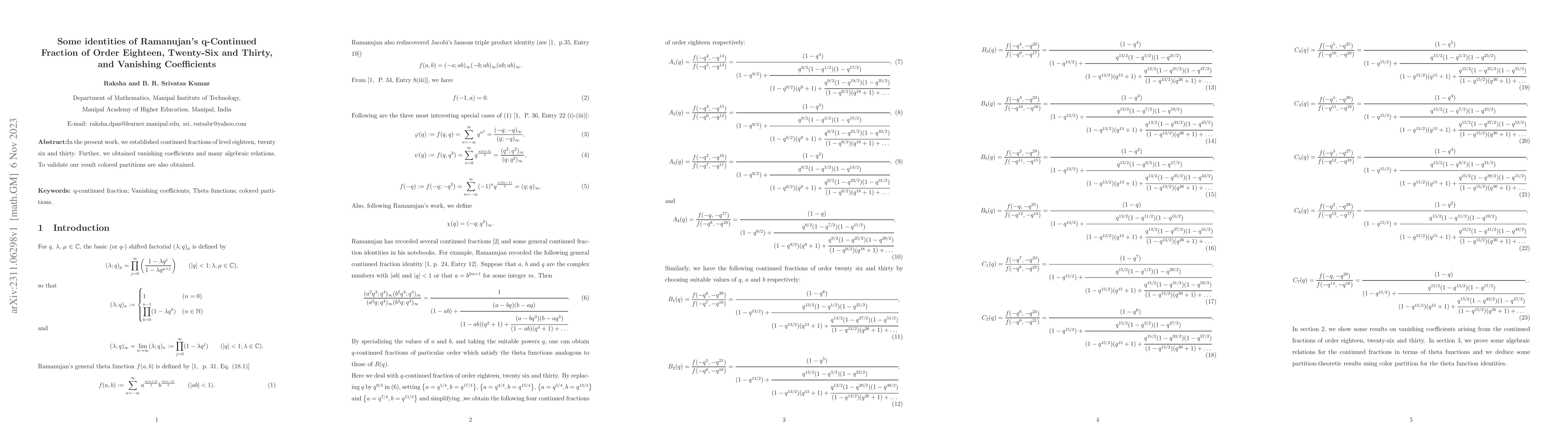 Thumbnail for Some identities of Ramanujan's q-Continued Fraction of Order Eighteen,
  Twenty-Six and Thirty, and Vanishing Coefficients