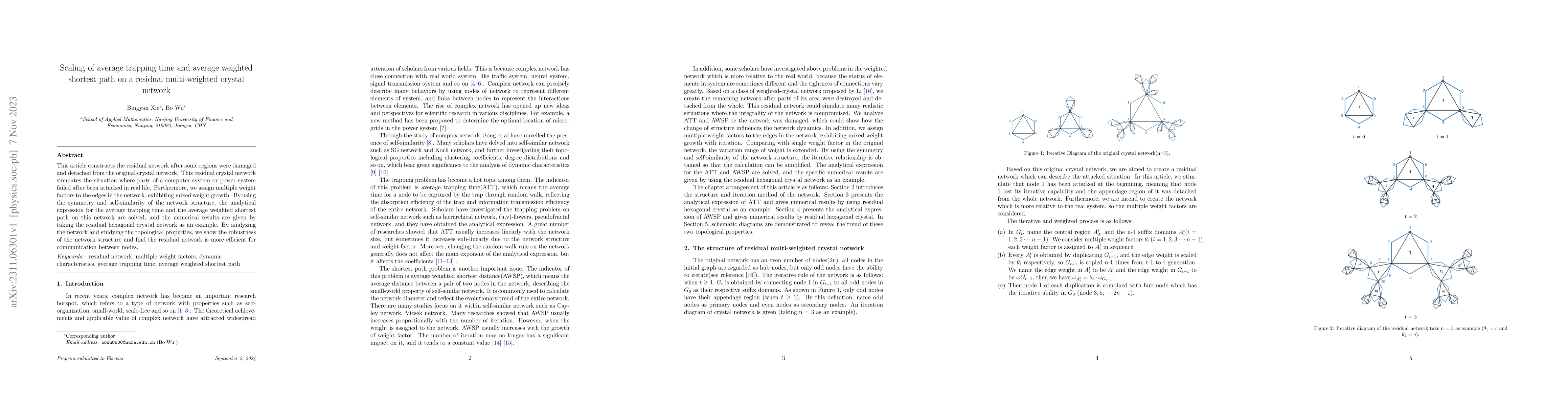 Thumbnail for Scaling of average trapping time and average weighted shortest path on a
  residual multi-weighted crystal network