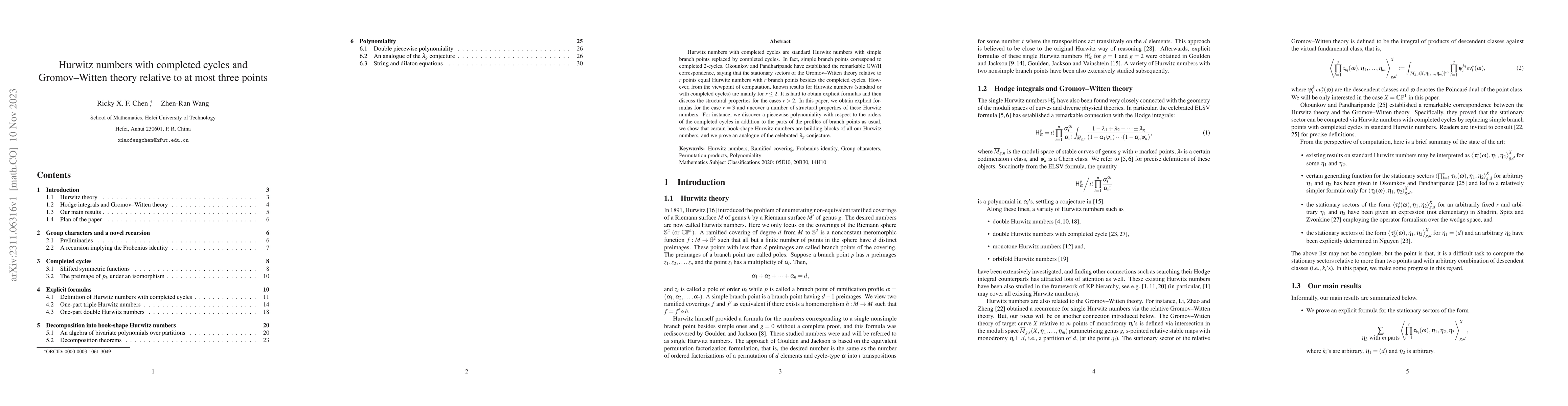 Thumbnail for Hurwitz numbers with completed cycles and Gromov--Witten theory relative
  to at most three points