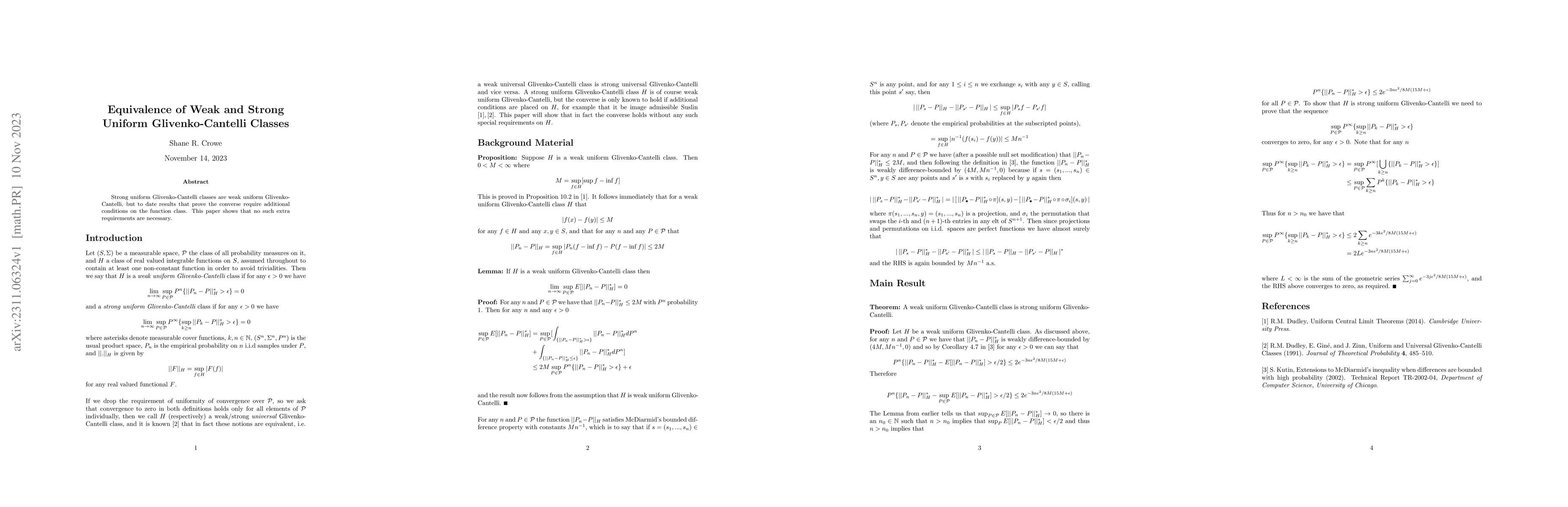 Thumbnail for Equivalence of Weak and Strong Uniform Glivenko-Cantelli Classes