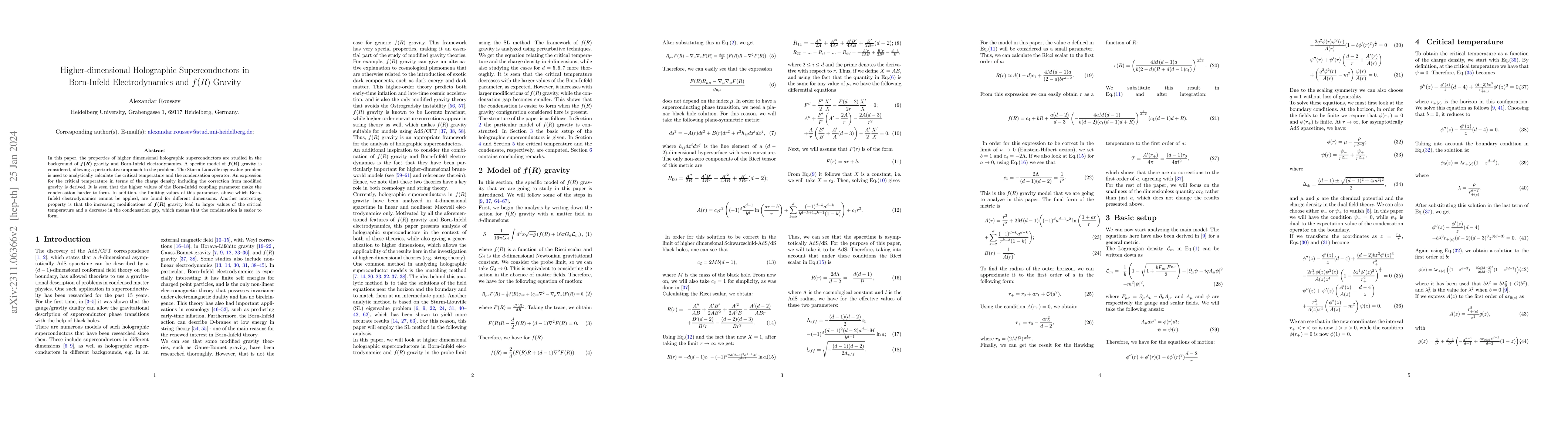 Thumbnail for Higher-dimensional Holographic Superconductors in Born-Infeld
  Electrodynamics and f(R) Gravity