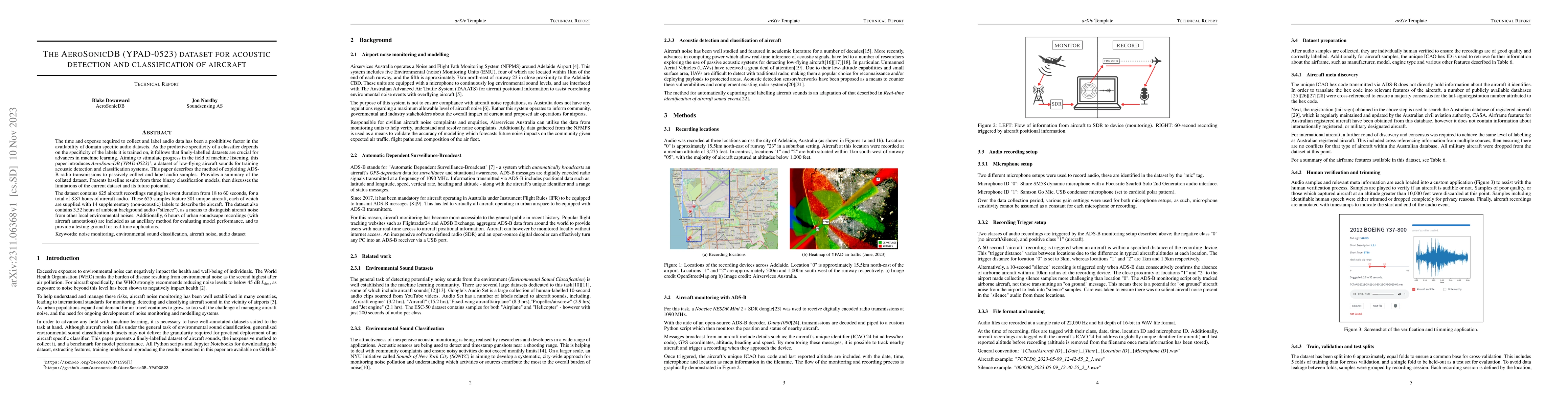 Thumbnail for The AeroSonicDB (YPAD-0523) Dataset for Acoustic Detection and
  Classification of Aircraft