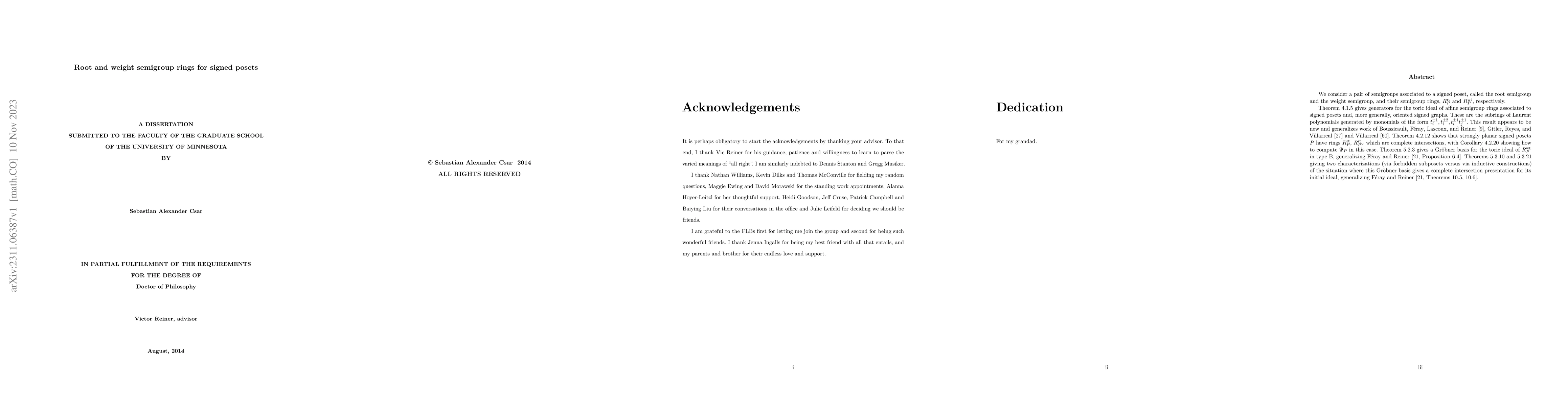Thumbnail for Root and weight semigroup rings for signed posets