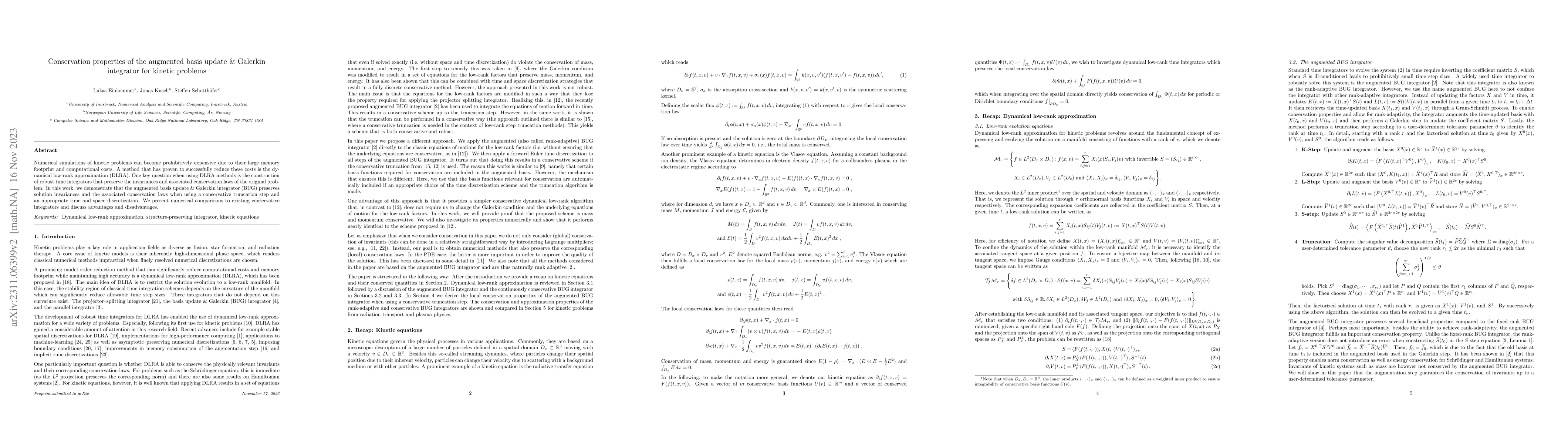 Thumbnail for Conservation properties of the augmented basis update & Galerkin
  integrator for kinetic problems