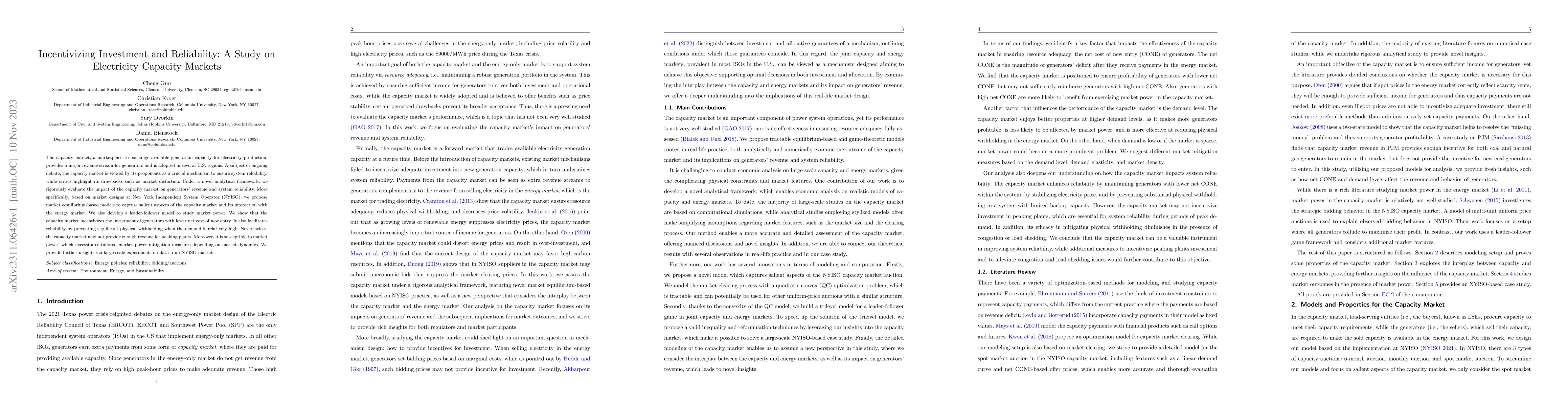 Thumbnail for Incentivizing Investment and Reliability: A Study on Electricity
  Capacity Markets