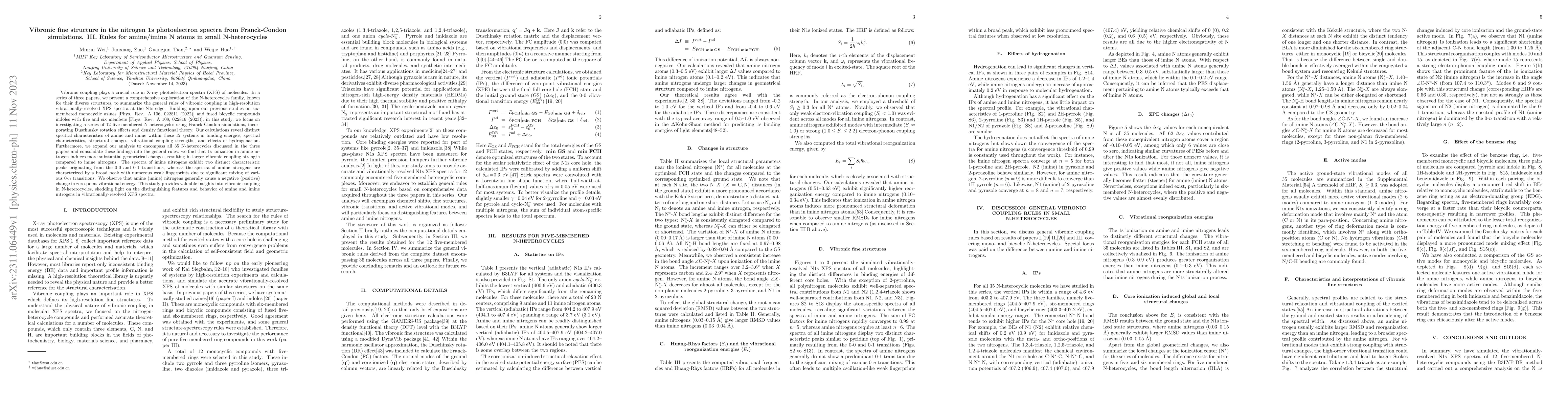 Thumbnail for Vibronic fine structure in the nitrogen 1s photoelectron spectra from
  Franck-Condon simulations. III. Rules for amine/imine N atoms in small
  N-heterocycles