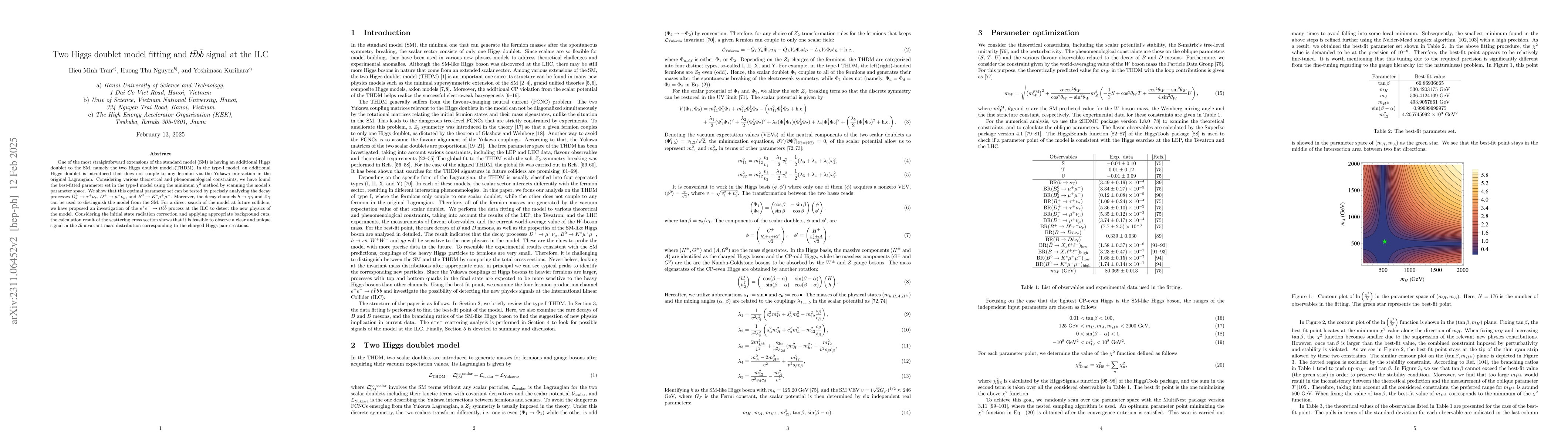 Thumbnail for Two Higgs doublet model fitting and $t\bar{t}b\bar{b}$ signal at the ILC
