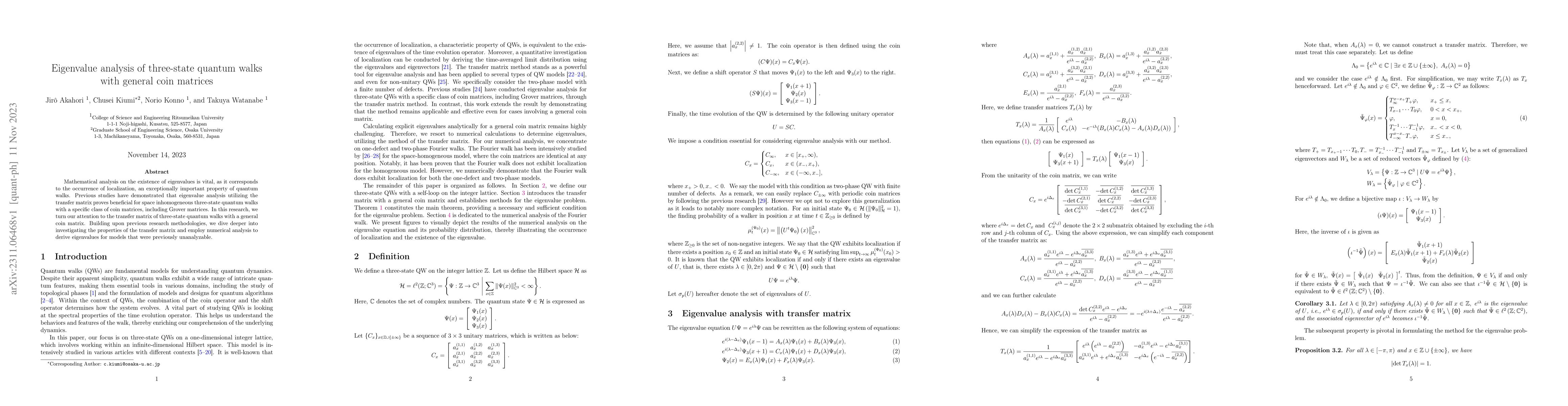 Thumbnail for Eigenvalue analysis of three-state quantum walks with general coin
  matrices