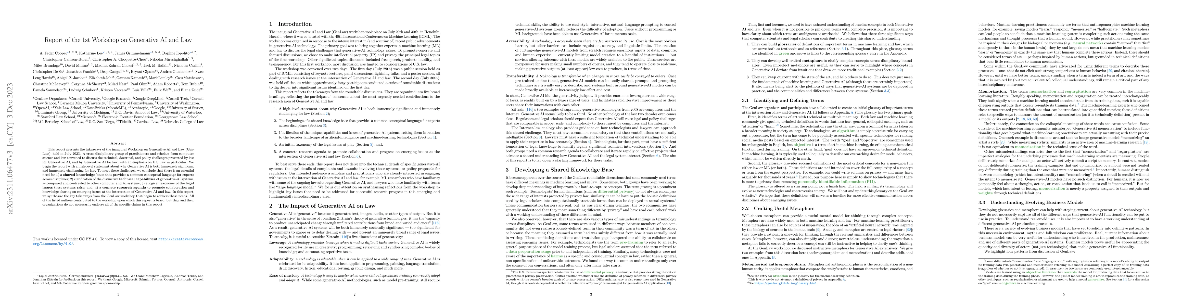 Thumbnail for Report of the 1st Workshop on Generative AI and Law