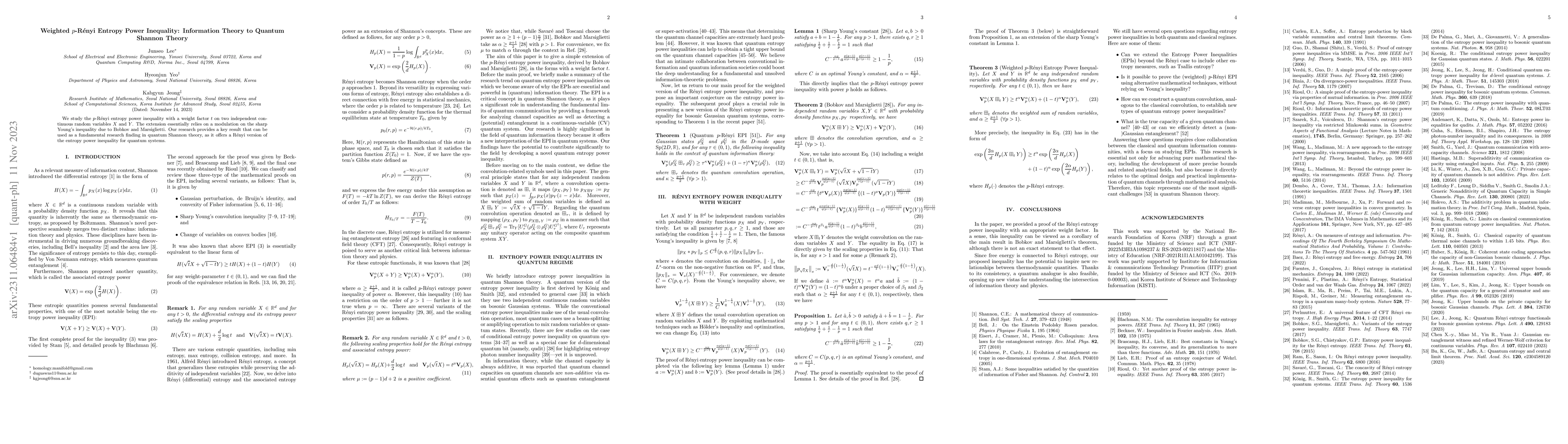 Thumbnail for Weighted $p$-R\'{e}nyi Entropy Power Inequality: Information Theory to
  Quantum Shannon Theory