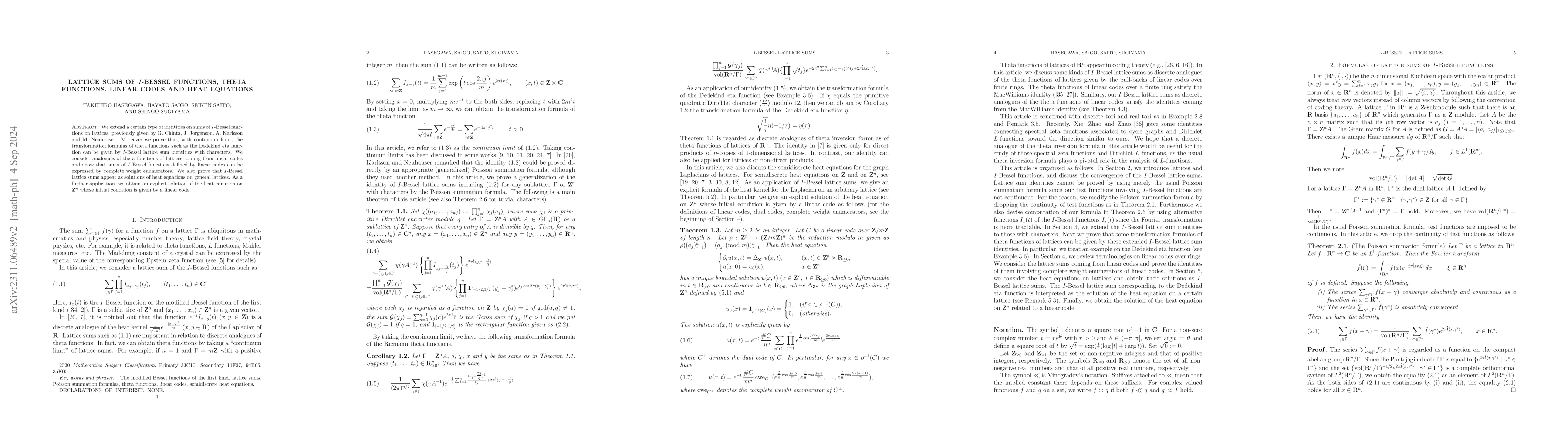 Thumbnail for Lattice sums of $I$-Bessel functions, theta functions, linear codes and
  heat equations