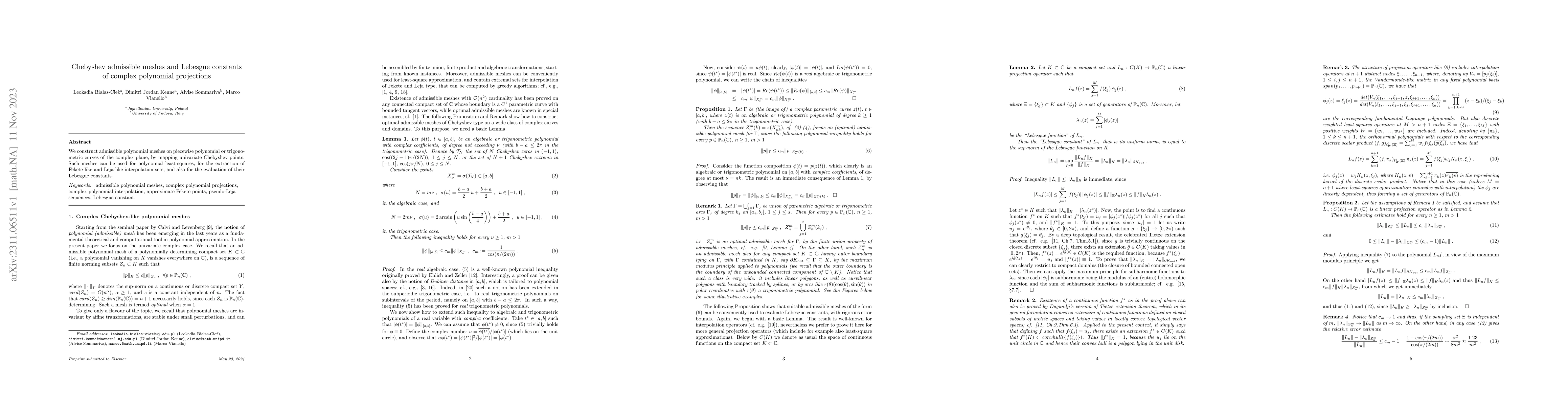 Thumbnail for Chebyshev admissible meshes and Lebesgue constants of complex polynomial
  projections
