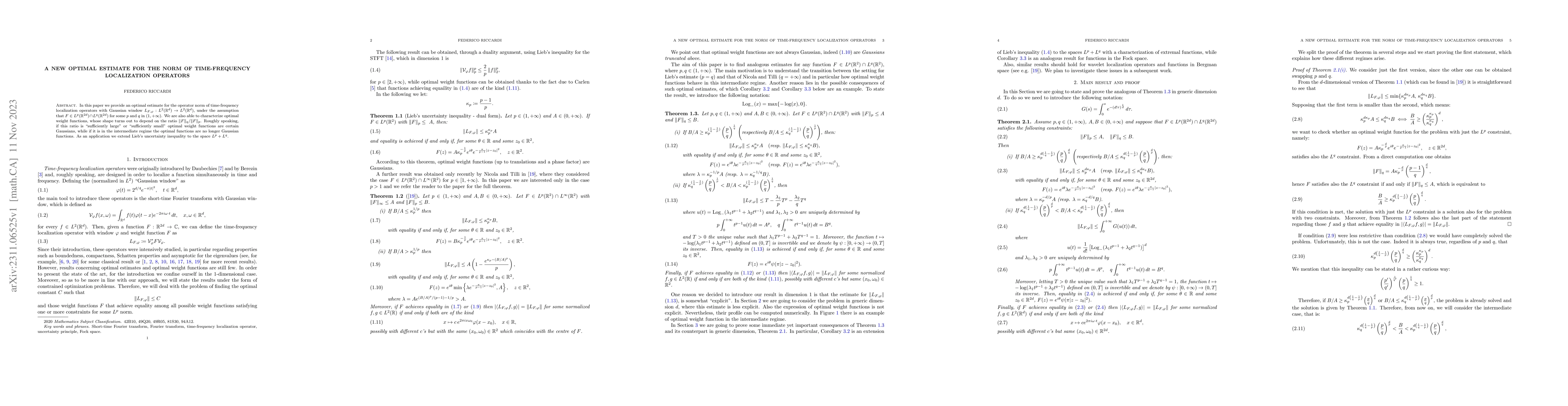 Thumbnail for A new optimal estimate for the norm of time-frequency localization
  operators