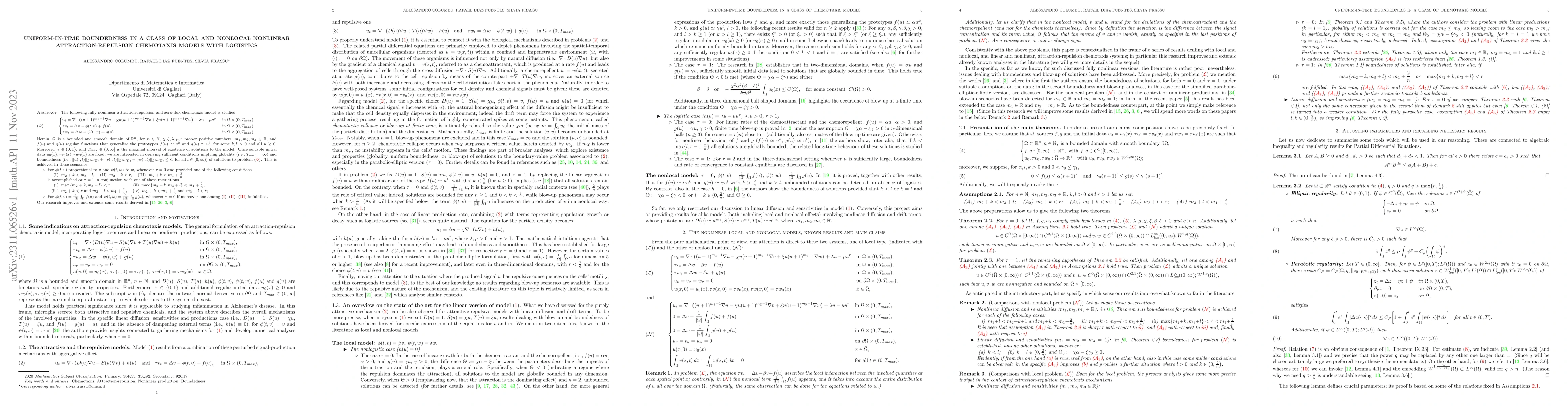 Thumbnail for Uniform-in-time boundedness in a class of local and nonlocal nonlinear
  attraction-repulsion chemotaxis models with logistics