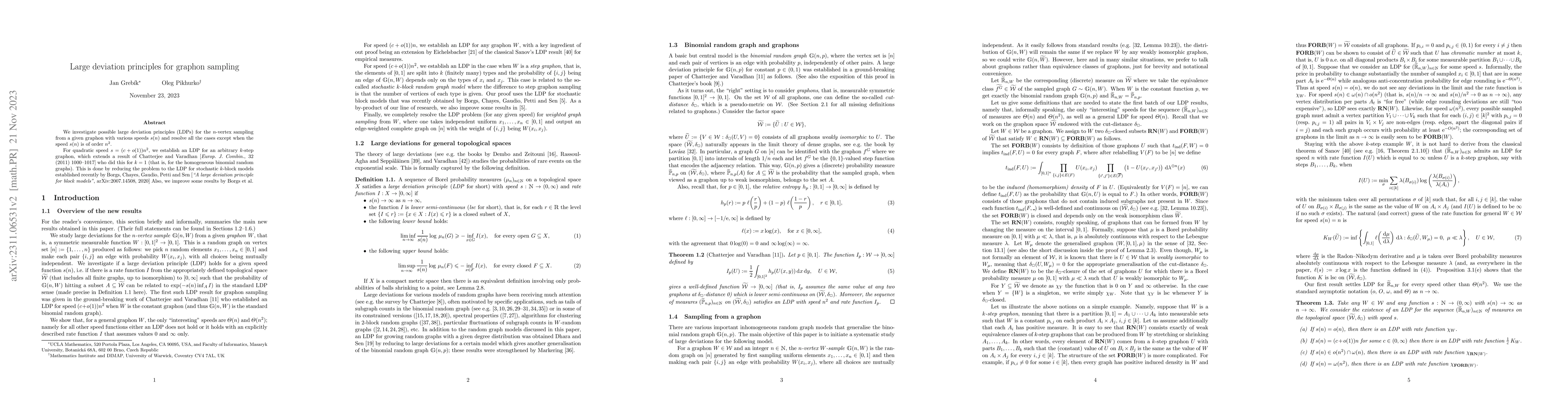 Thumbnail for Large deviation principles for graphon sampling