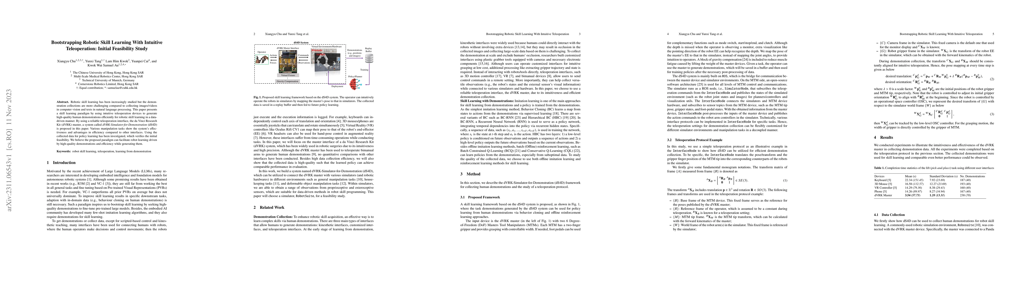 Thumbnail for Bootstrapping Robotic Skill Learning With Intuitive Teleoperation:
  Initial Feasibility Study