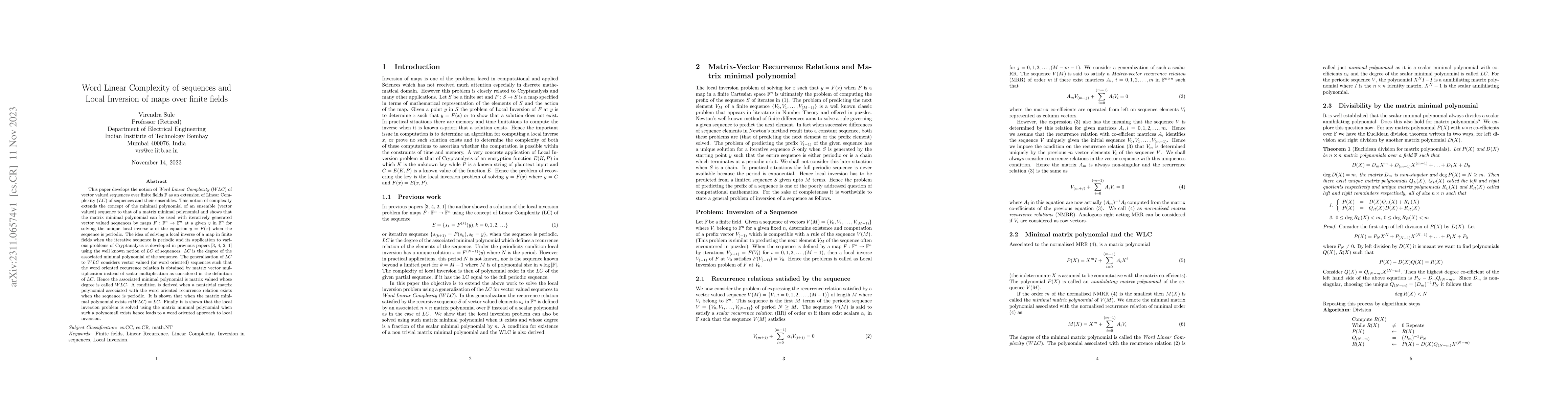 Thumbnail for Word Linear Complexity of sequences and Local Inversion of maps over
  finite fields
