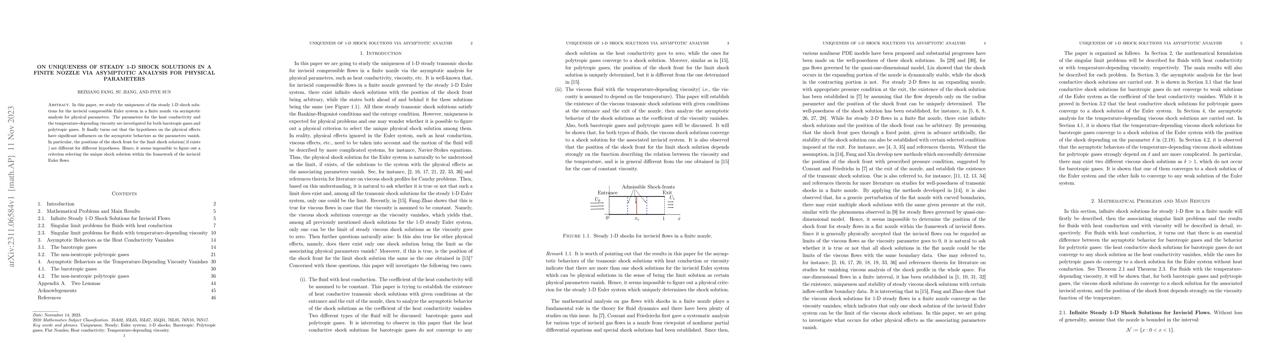 Thumbnail for On Uniqueness of Steady 1-D Shock Solutions in a Finite Nozzle via
  Asymptotic Analysis for Physical Parameters