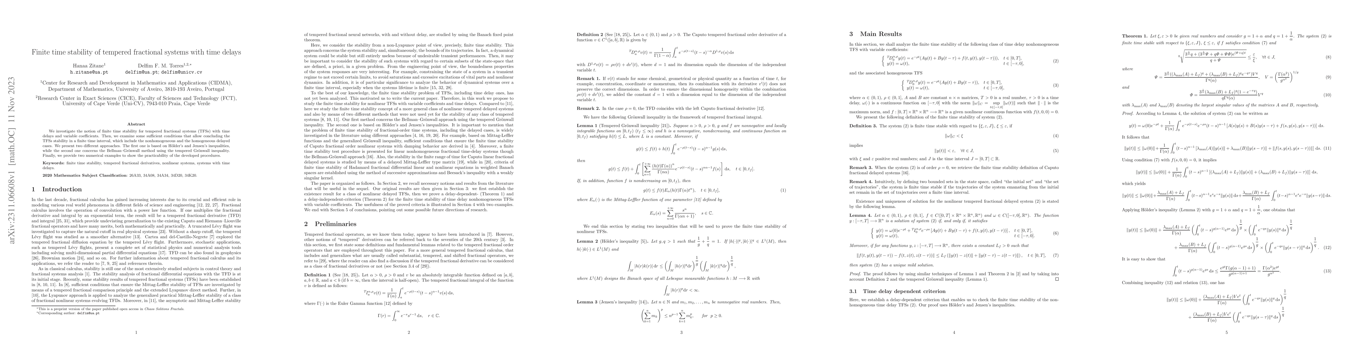 Thumbnail for Finite time stability of tempered fractional systems with time delays