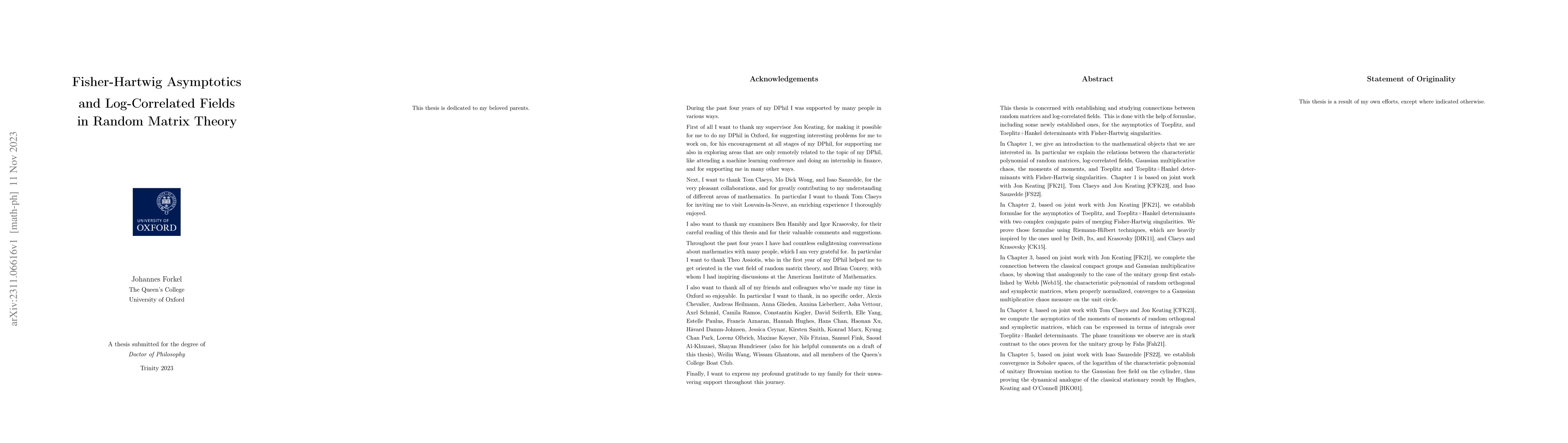 Thumbnail for Fisher-Hartwig Asymptotics and Log-Correlated Fields in Random Matrix
  Theory