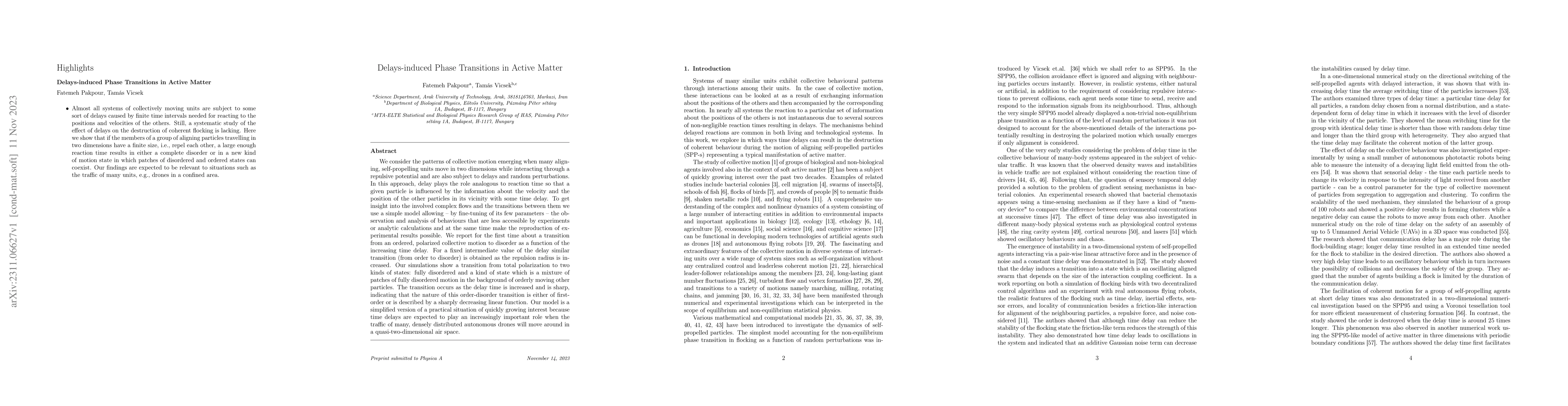 Thumbnail for Delays-induced Phase Transitions in Active Matter