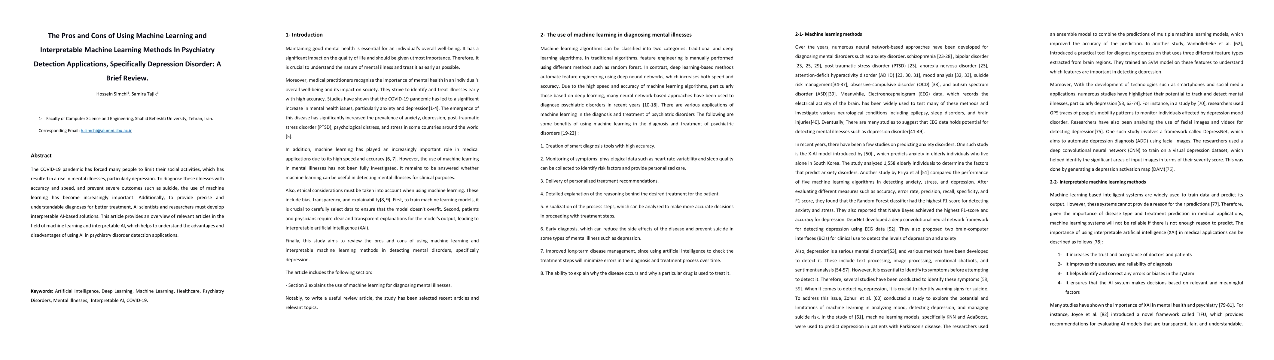 Thumbnail for The Pros and Cons of Using Machine Learning and Interpretable Machine
  Learning Methods in psychiatry detection applications, specifically
  depression disorder: A Brief Review