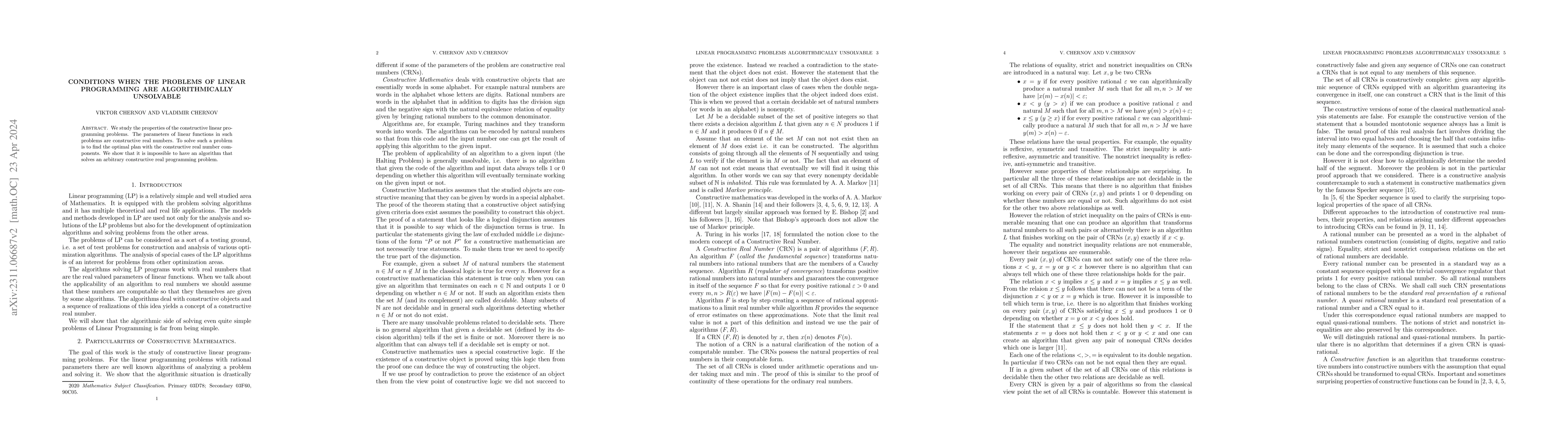 Thumbnail for Conditions when the problems of linear programming are algorithmically
  unsolvable