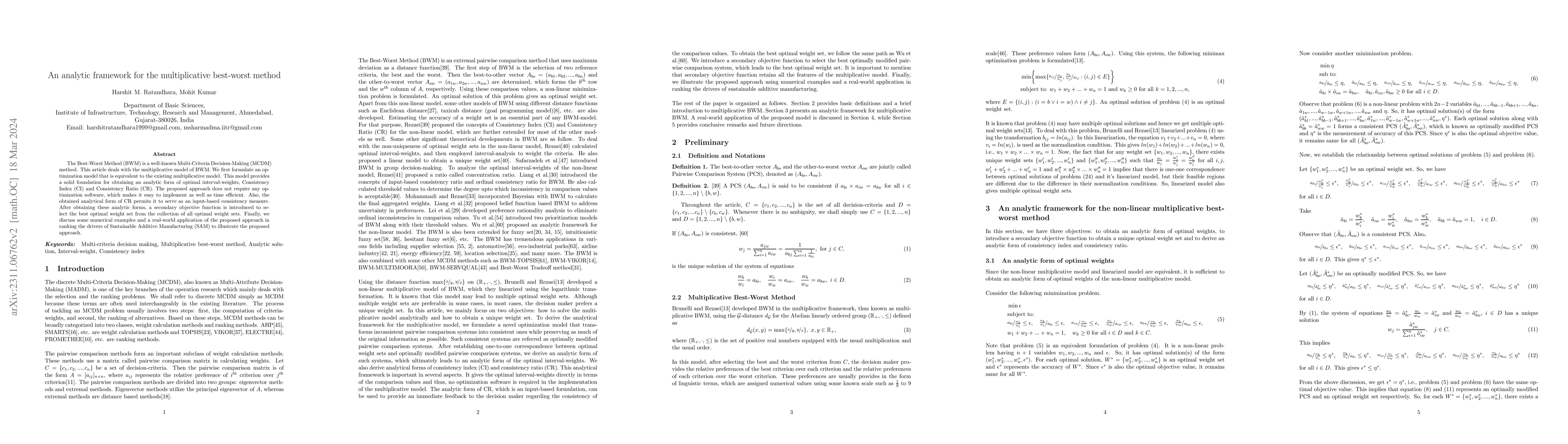 Thumbnail for An analytic framework for the multiplicative best-worst method