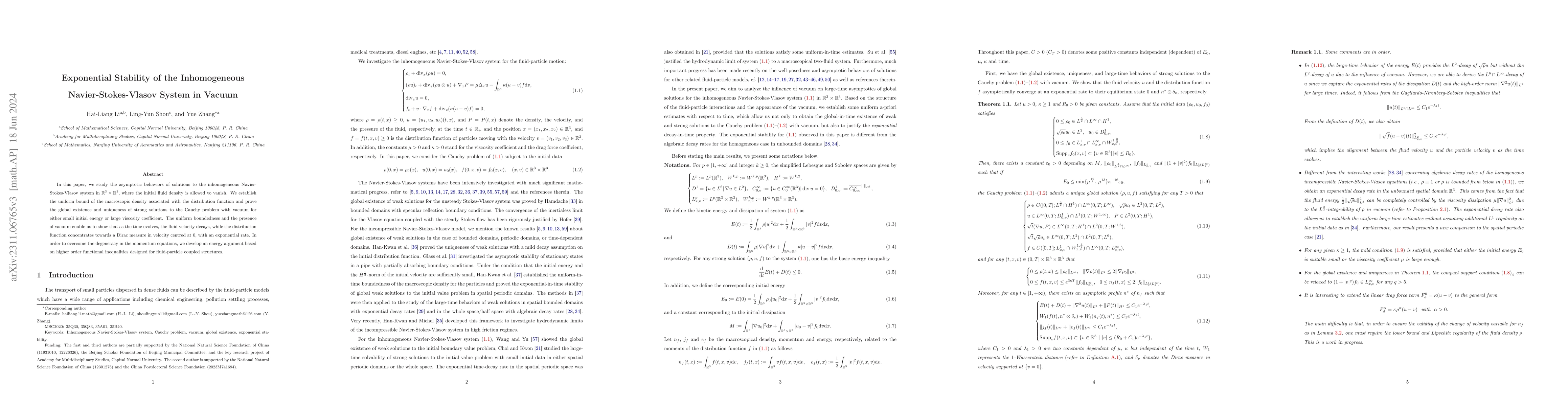 Thumbnail for Exponential Stability of the Inhomogeneous Navier-Stokes-Vlasov System
  in Vacuum