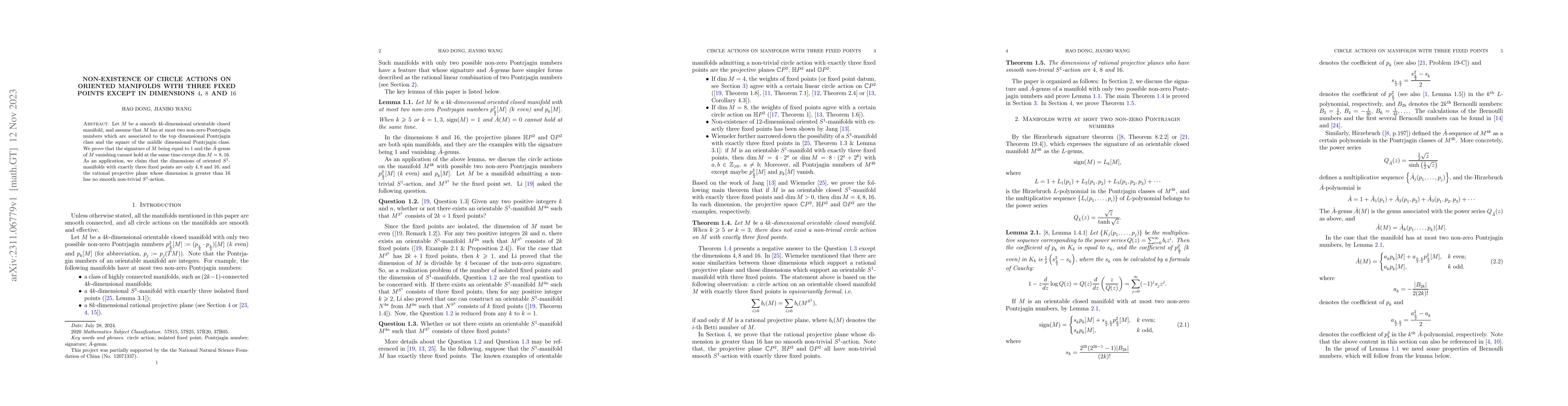 Thumbnail for Non-existence of circle actions on oriented manifolds with three fixed
  points except in dimensions 4, 8 and 16
